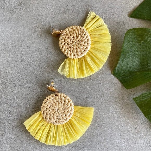 Rattan Yellow Woven Fashion Statement Earrings - Picture 3 of 6